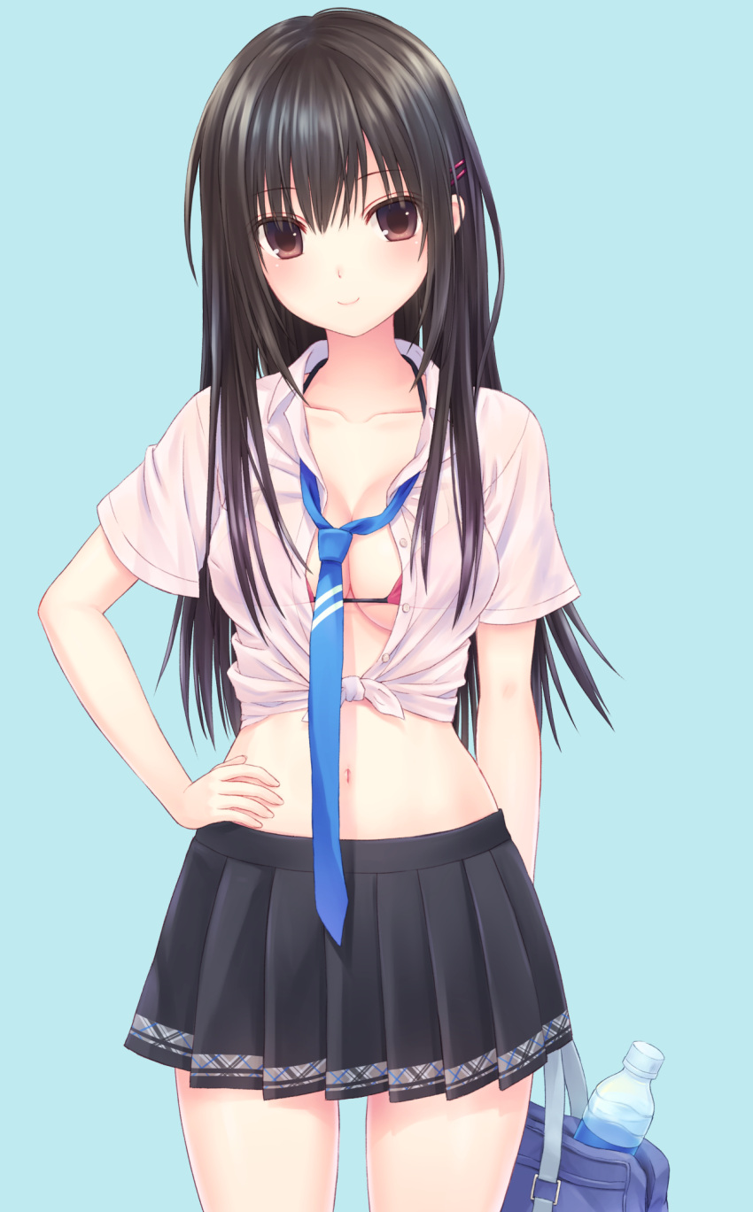 1girl bikini_top black_hair breasts brown_eyes cleavage hand_on_hip highres long_hair looking_at_viewer n.g. navel necktie open_clothes open_shirt original pleated_skirt skirt smile solo stomach tied_shirt