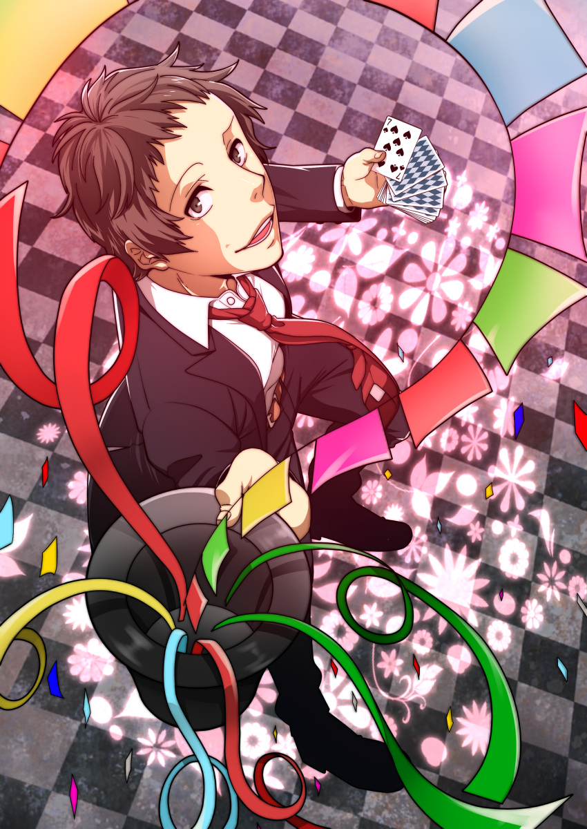 1boy absurdres adachi_tooru black_hair card confetti formal hat highres magic_trick necktie open_mouth persona persona_4 playing_card short_hair smile solo suit tasuku top_hat