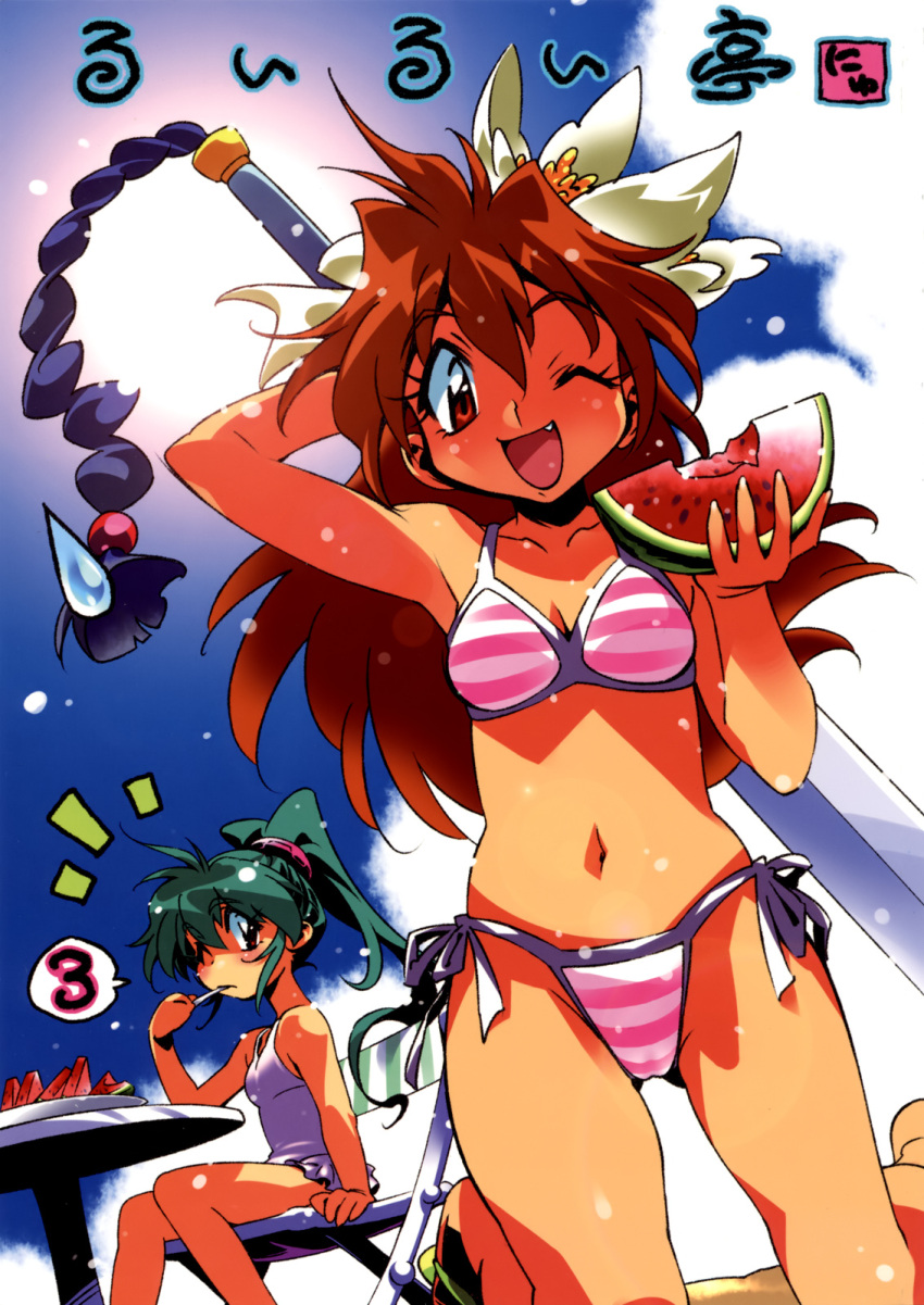 araizumi_rui arm_up bikini fang food fruit green_hair highres holding kneeling lina_inverse long_hair looking_at_viewer navel official_art one-piece_swimsuit one_eye_closed open_mouth outdoors ponytail red_eyes redhead side-tie_bikini sitting slayers speech_bubble spoon_in_mouth striped striped_bikini striped_swimsuit sun swimsuit sword watermelon weapon