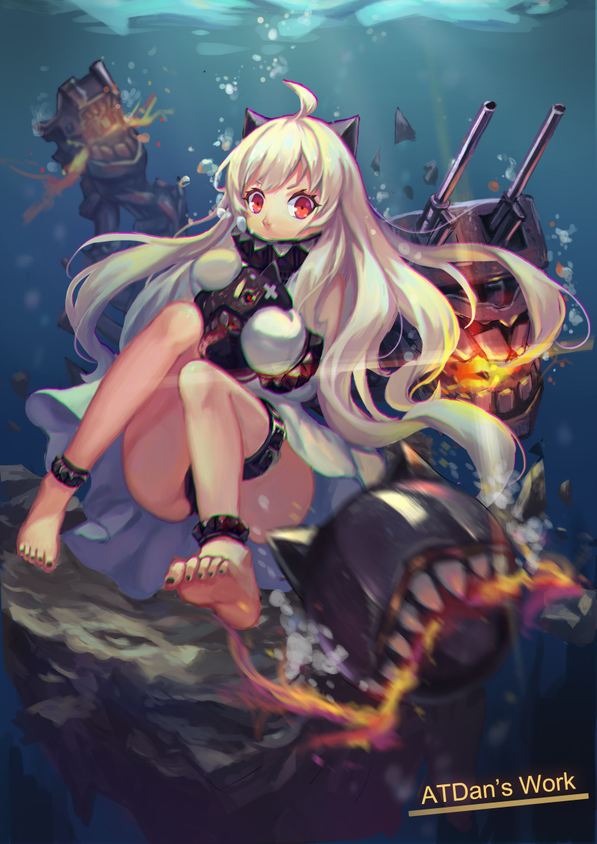 1girl absurdres ahoge air_bubble anklet artist_name atdan barefoot black_panties blurry breath bubble controller covered_mouth depth_of_field dress game_controller highres jewelry kantai_collection long_hair looking_at_viewer mittens northern_ocean_hime panties red_eyes shinkaisei-kan solo submerged thigh_strap underwater underwear water white_dress white_hair