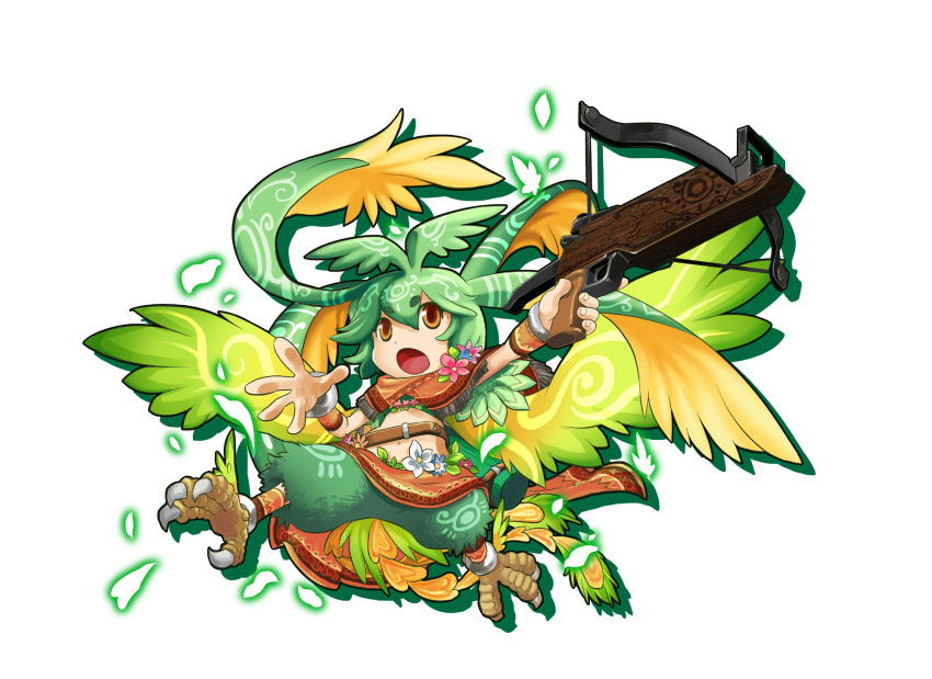 1girl bird_tail bow_(weapon) brown_eyes claws crossbow gradient_wings green_hair highres holding multicolored_wings navel open_mouth petals puzzle_&amp;_dragons simple_background solo sylph_(p&amp;d) tagme tomotsuka_haruomi weapon white_background wings