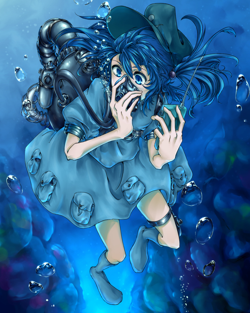 1girl bare_legs blue_hair boots breath bubble bubble_blowing diving diving_mask dress equala hair_bobbles hair_ornament hands_on_own_face hat highres holster kawashiro_nitori key legs ocean pocket puffy_short_sleeves puffy_sleeves rubber_boots shirt short_hair short_sleeves skirt skirt_set smile solo thigh_holster touhou twintails underwater walkie-talkie wet wet_clothes