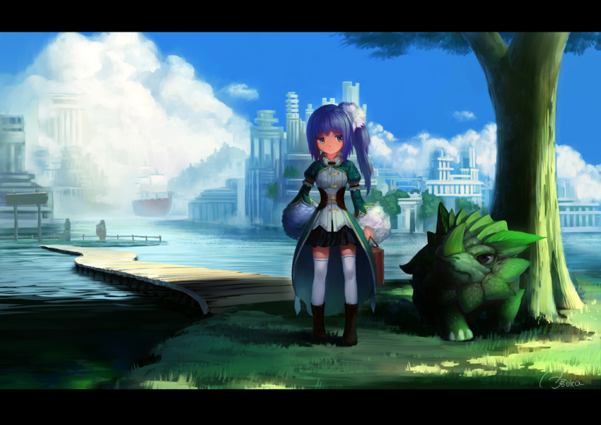 1girl blue_eyes blue_hair briefcase building city clouds dragon grass hair_ornament holding long_hair long_sleeves looking_at_viewer original pier pleated_skirt puffy_long_sleeves puffy_sleeves sail scrunchie ship shoes side_ponytail signature skirt sky skyline standing suitcase tagme thigh-highs tree tree_shade water white_legwear zettai_ryouiki zimajiang