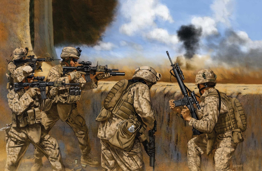5boys acog aiming assault_rifle battle_rifle clouds gun highres johnny_shumate load_bearing_vest m16 m4_carbine marine_corps multiple_boys original outdoors reloading rifle signature sky vertical_foregrip war weapon
