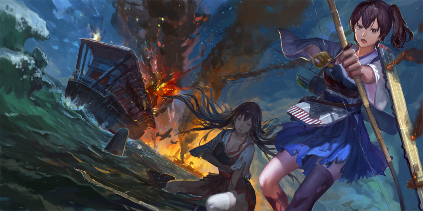 2girls aerial_battle aircraft_carrier airplane akagi_(aircraft_carrier) akagi_(kantai_collection) battle black_legwear blood blue_skirt bow_(weapon) crying crying_with_eyes_open explosion fire flight_deck hakama_skirt highres japanese_clothes jeanex kaga_(aircraft_carrier) kaga_(kantai_collection) kantai_collection long_hair multiple_girls muneate ocean red_skirt short_hair side_ponytail skirt smoke tears thigh-highs torn_clothes torn_skirt torn_thighhighs weapon white_legwear yugake