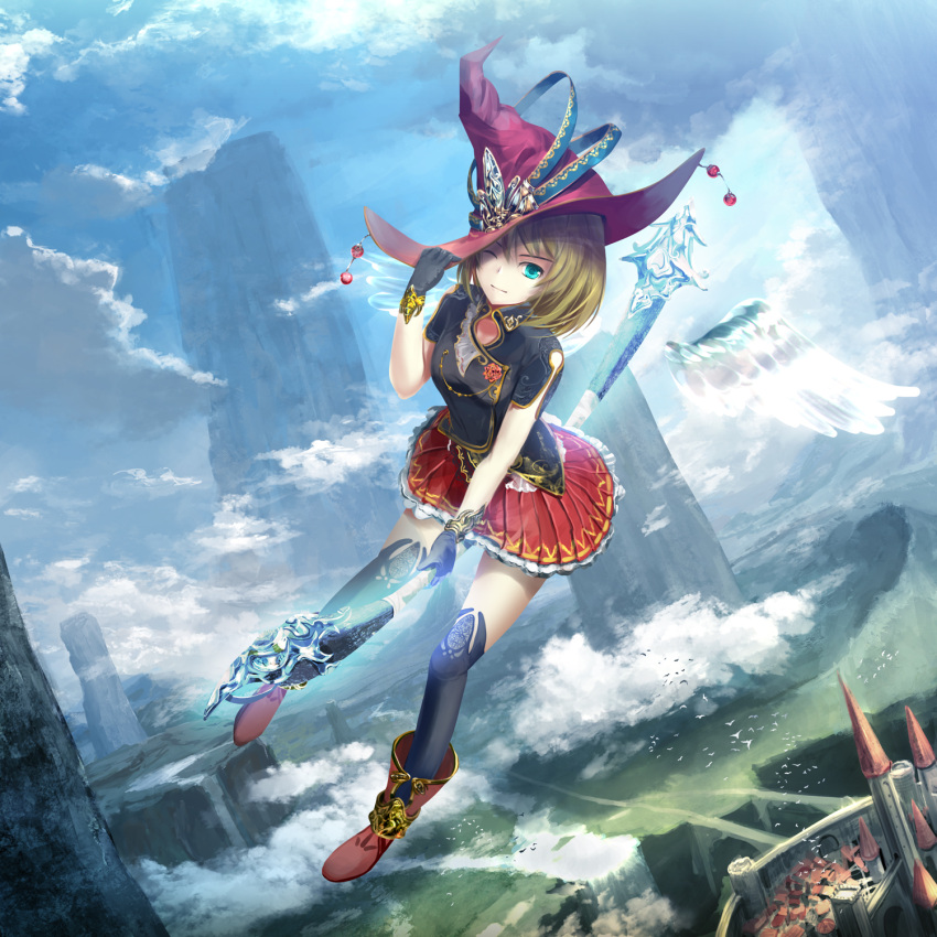 1girl boots fantasy flying gloves hat highres kouji_(astral_reverie) monolith_(object) original over-kneehighs pleated_skirt red_skirt skirt thigh-highs witch witch_hat