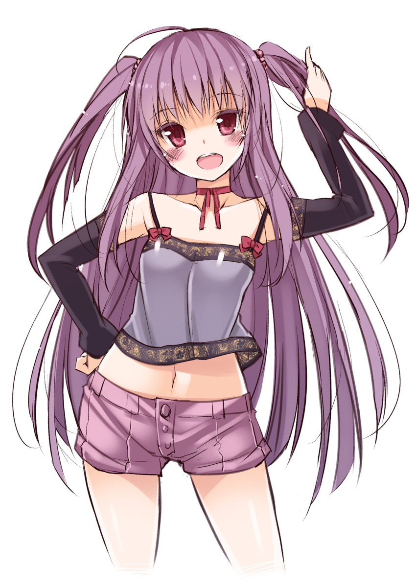 1girl :d ahoge blush choker detached_sleeves eighth hand_on_hip highres long_hair looking_at_viewer midriff navel oota_yuuichi open_mouth purple_hair shinjou_hikaru shorts simple_background smile solo two_side_up violet_eyes white_background