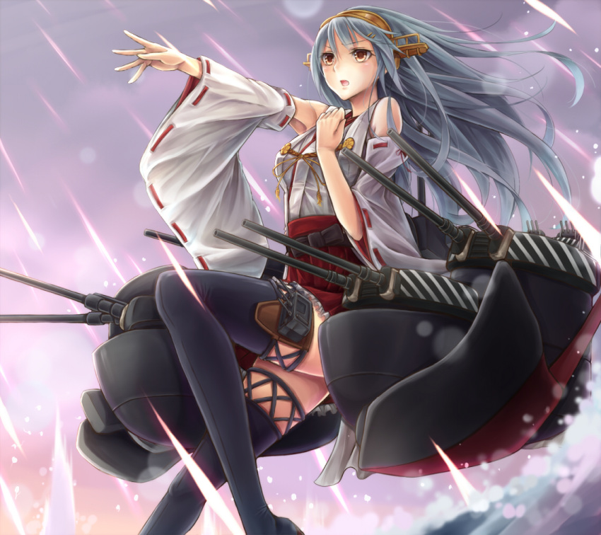 1girl aiming bare_shoulders boots detached_sleeves frilled_skirt frills green_hair hair_ornament hairclip hand_on_own_chest haruna_(kantai_collection) headgear japanese_clothes kantai_collection kirieroido_iii lace lace-trimmed_thighhighs long_hair nontraditional_miko outstretched_arm pleated_skirt red_skirt ribbon-trimmed_sleeves ribbon_trim skirt solo thigh-highs thigh_boots under_fire wide_sleeves