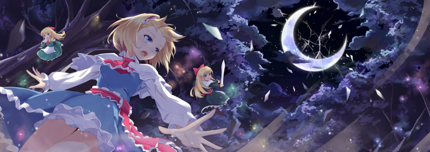 1girl alice_margatroid ascot blonde_hair blue_dress blue_eyes blush bow capelet crack crescent_moon doll dress forest from_below green_dress hair_bow hairband highres hourai_doll long_hair looking_up moon nature night open_mouth pc9527 ribbon shanghai_doll short_hair sword touhou tree weapon wind