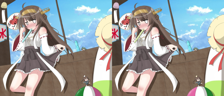 1girl ahoge ball beachball blush brown_hair burning_love_(phrase) clouds detached_sleeves fan hairband hat highres hiyoko_(kantai_collection) japanese_clothes kantai_collection kongou_(kantai_collection) long_hair midori_(kantai_collection) nanase-san_(honey_be) nontraditional_miko pleated_skirt skirt skirt_lift sky solo spot_the_differences straw_hat twintails wind_chime