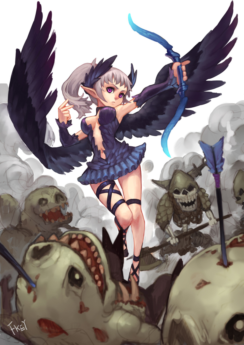 1girl archer_(dragon_nest) bow_(weapon) center_opening dragon_nest fkey highres long_hair pointy_ears silver_hair solo_focus violet_eyes weapon wings