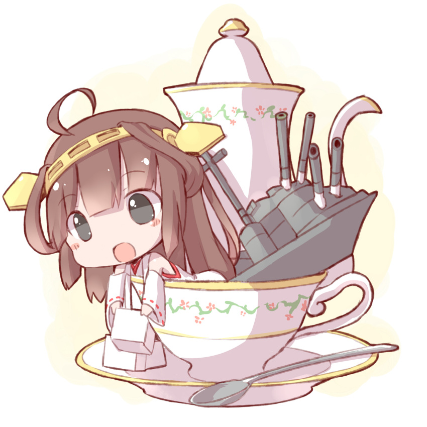 1girl ahoge black_eyes brown_hair chibi cup detached_sleeves giwa hairband highres japanese_clothes kantai_collection kongou_(kantai_collection) long_hair machinery nontraditional_miko open_mouth solo spoon sugar_cube teacup teapot turret wide_sleeves