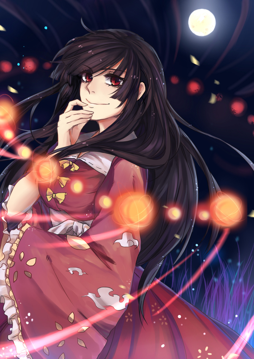 1girl absurdres black_hair bow breasts bust dress floral_print full_moon hand_in_mouth hand_on_another's_face hand_on_own_chin highres houraisan_kaguya hujitaumi japanese_clothes long_hair long_skirt long_sleeves looking_at_viewer moon red_eyes ribbon skirt skirt_set smile solo touhou very_long_hair wide_sleeves