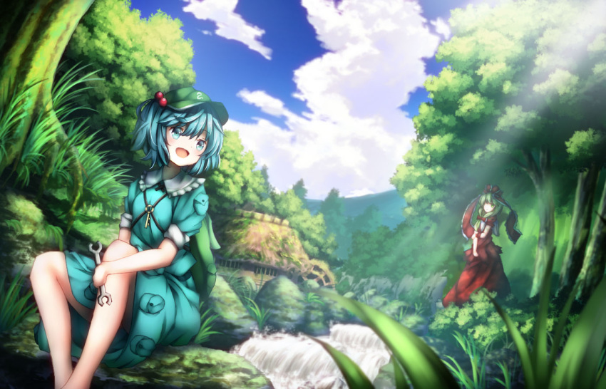 2girls bare_legs blue_eyes blue_hair blue_sky bow cabbie_hat clouds cloudy_sky dress flower forest frills front_ponytail green_eyes green_hair hair_bobbles hair_bow hair_ornament hair_ribbon hat kagiyama_hina kawashiro_nitori long_hair minamina multiple_girls nature open_mouth plant pocket red_dress ribbon rock scenery short_hair short_sleeves short_twintails sitting_on_rock skirt skirt_set sky sleeves_rolled_up smile touhou tree twintails wrench wrist_ribbon