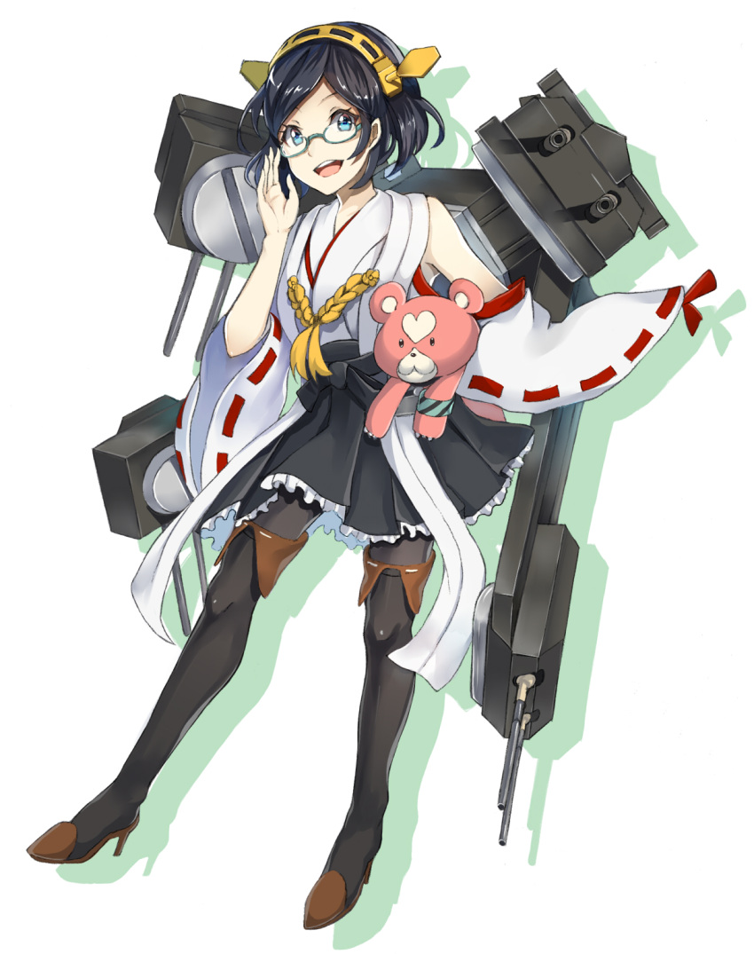 1girl :d adjusting_glasses aoki_hagane_no_arpeggio bare_shoulders black_hair black_legwear black_skirt blue-framed_glasses blue_eyes boots carrying_under_arm crossover detached_sleeves frilled_skirt frills full_body gi_(melmail) glasses hand_on_glasses headgear highres japanese_clothes kantai_collection kirishima_(aoki_hagane_no_arpeggio) kirishima_(kantai_collection) looking_at_viewer namesake nontraditional_miko open_mouth pantyhose pleated_skirt ribbon-trimmed_sleeves ribbon_trim short_hair skirt smile solo stuffed_animal stuffed_toy teddy_bear thigh-highs thigh_boots white_background wide_sleeves yotarou_(aoki_hagane_no_arpeggio)