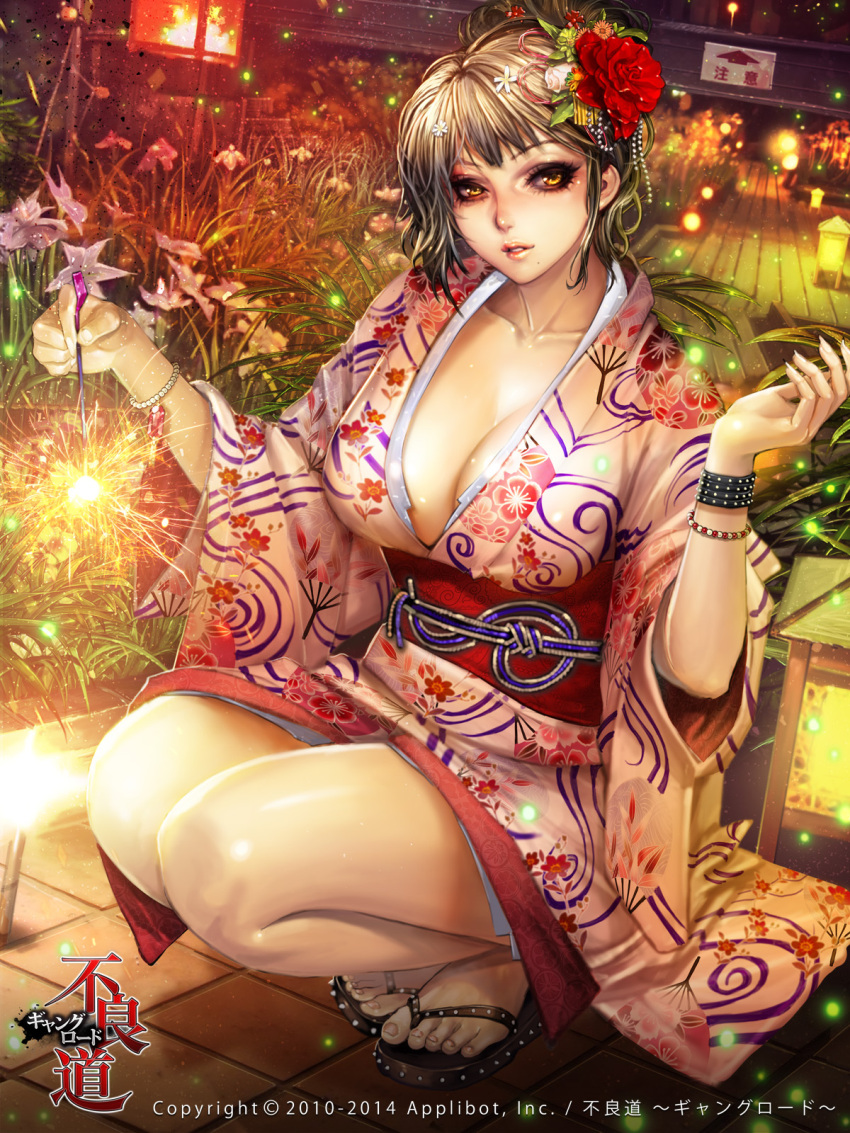 1girl blonde_hair bracelet breasts brown_eyes cleavage collarbone eyeshadow fingernails fireflies fireworks flower furyou_michi_~gang_road~ garden hair_flower hair_ornament highres japanese_clothes jewelry kimono large_breasts light_smile lily_(flower) long_fingernails looking_at_viewer makeup mole nail_polish night obi original outdoors plant red_rose rose sandals sash short_hair solo sparkler squatting tile_floor tiles toes xaxak