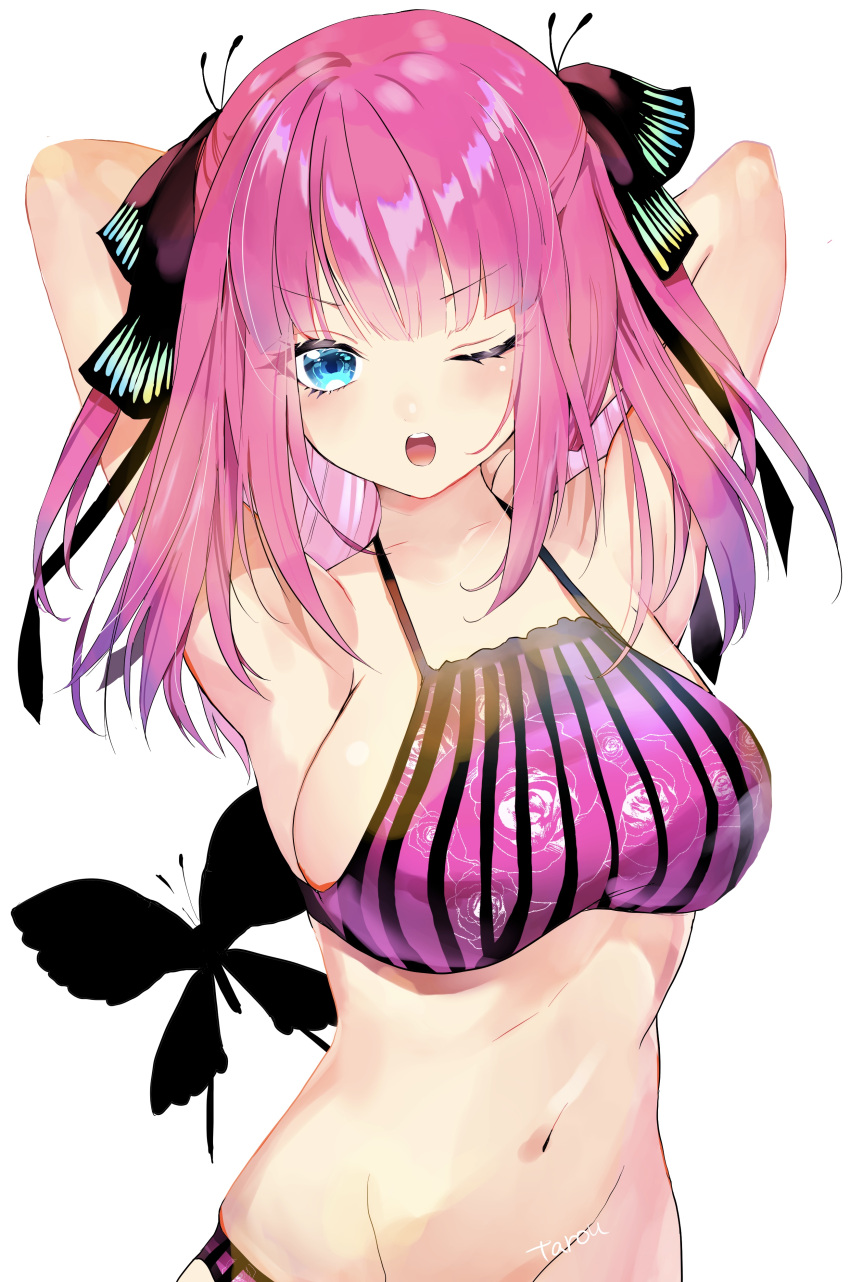 1girl absurdres armpits blue_hair breasts bug butterfly go-toubun_no_hanayome hair_ribbon highres hoerutarou insect large_breasts looking_at_viewer medium_hair nakano_nino navel one_eye_closed pink_hair ribbon solo swimsuit teeth upper_body white_background