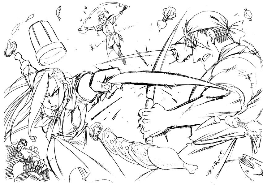 1girl 4boys arakawa_hiromu battle buccaneer_(fma) food fullmetal_alchemist highres miles multiple_boys official_art olivier_mira_armstrong scar scar_(fma) sketch solf_j_kimblee sword weapon