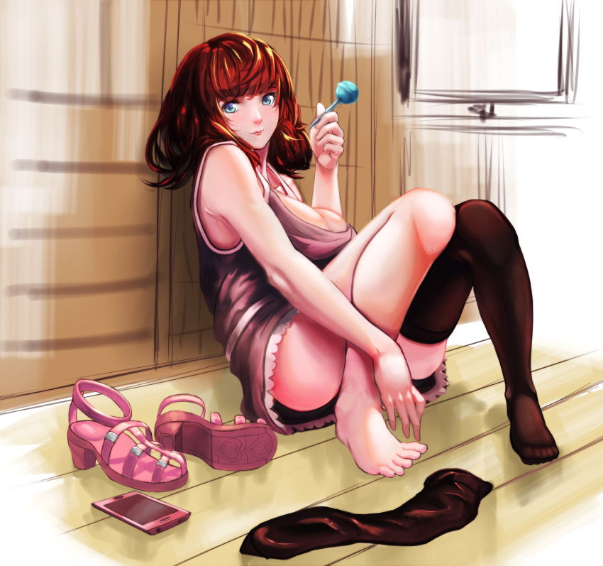 1girl bangs barefoot black_legwear blue_eyes breasts candy cellphone cleavage feet highres holding_food knees_together_feet_apart knees_up large_breasts lips lollipop long_hair miniskirt original phone redhead sandals shoes_removed single_thighhigh sitting skirt smartphone smile solo tank_top thigh-highs toes