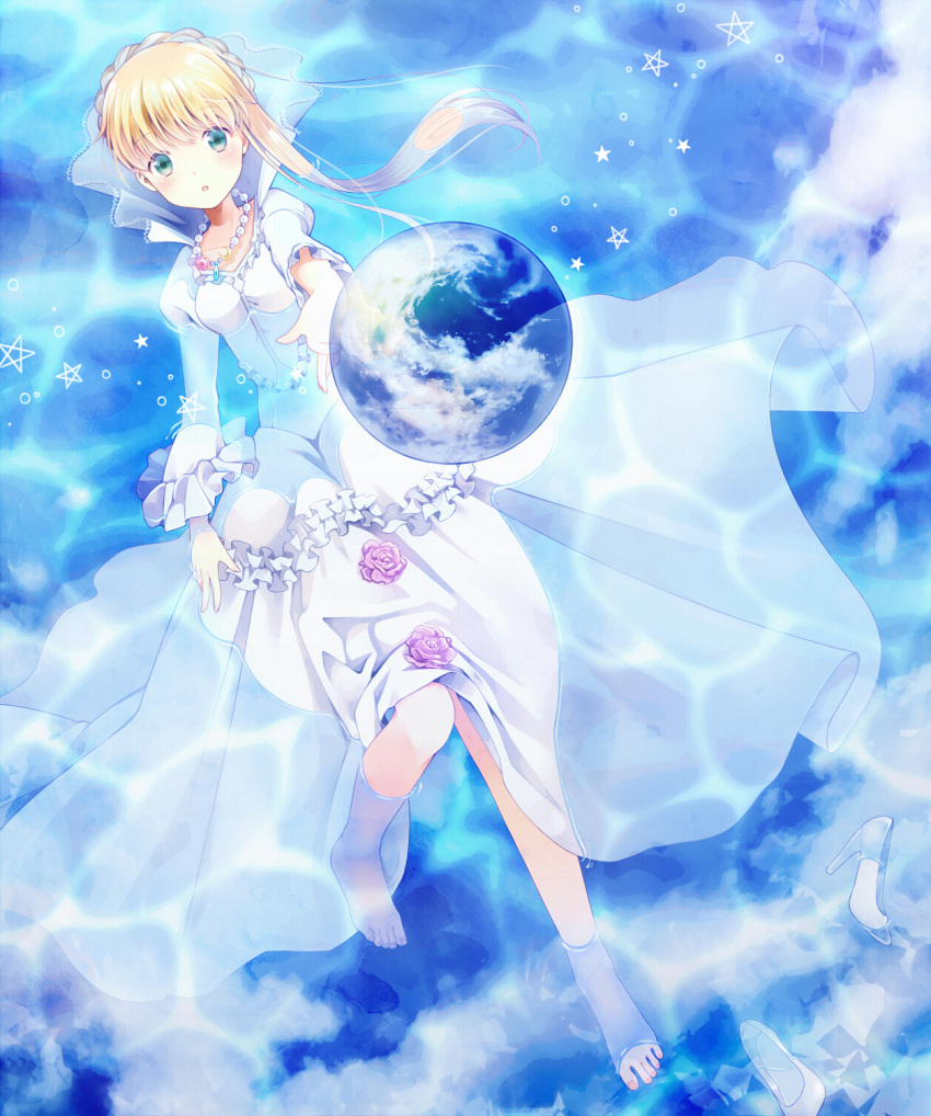 1girl :o aldnoah.zero asseylum_vers_allusia barefoot blonde_hair blue_eyes blush breasts dress earth edamame_888 flower frills high_heels highres jewelry long_hair lying necklace on_back partially_submerged shoes_removed solo star water