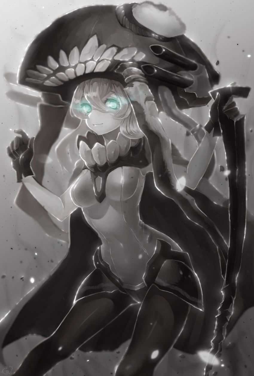 1girl aqua_eyes black_gloves bodysuit cape covered_navel gloves glowing glowing_eyes greyscale headgear highres kantai_collection looking_at_viewer monochrome pale_skin shinkaisei-kan silver_hair smile solo staff suiheisen wo-class_aircraft_carrier