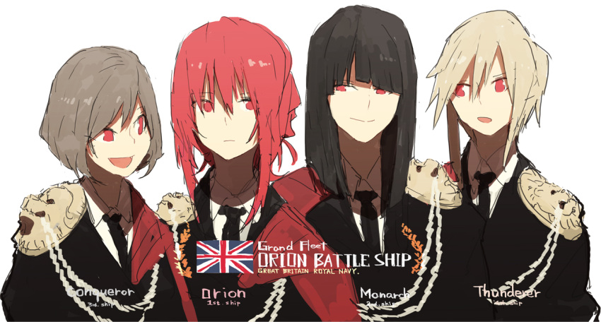 4girls bangs black_hair blonde_hair blunt_bangs bust cape character_name epaulettes formal grey_hair hms_conqueror hms_conqueror_(siirakannu) hms_monarch hms_monarch_(siirakannu) hms_orion hms_orion_(siirakannu) hms_thunderer hms_thunderer_(siirakannu) kantai_collection lion long_hair long_sleeves looking_at_another military military_uniform multiple_girls necktie open_mouth original personification ponytail red_eyes redhead royal_navy short_hair siirakannu simple_background smile uniform union_jack white_background
