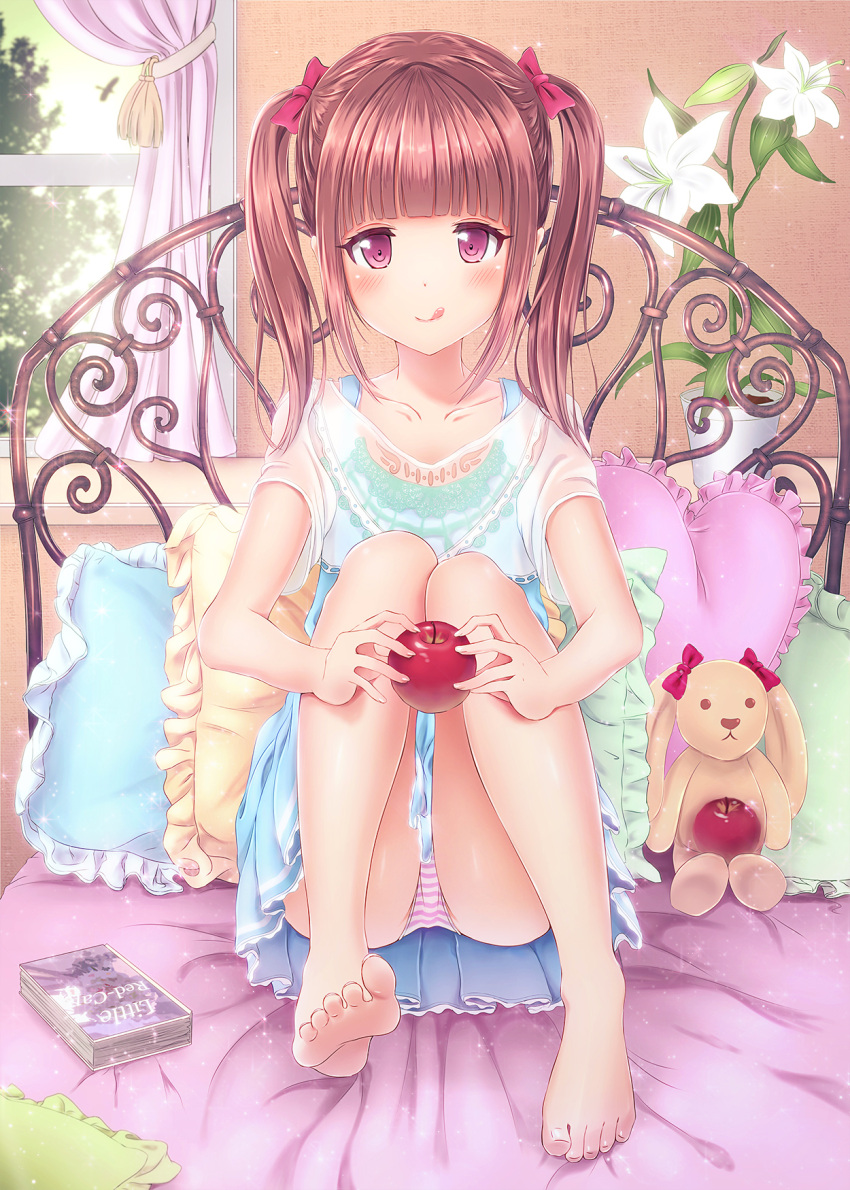 1girl :p alc_(ex2_lv) apple barefoot bed blush book bow brown_hair curtains feet flower flower_pot food fruit hair_bow highres legs lily_(flower) long_hair original pajamas panties pillow ribbon short_hair sitting smile soles solo striped striped_panties stuffed_animal stuffed_bunny stuffed_toy toes tongue tongue_out twintails underwear violet_eyes window