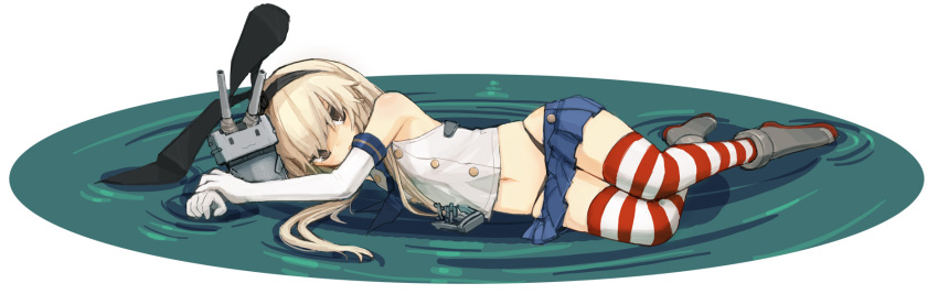 1girl anchor black_panties blonde_hair elbow_gloves gloves hairband highleg highleg_panties highres kantai_collection long_hair lying lying_on_water microskirt navel noconol on_side open_mouth panties rensouhou-chan school_uniform shimakaze_(kantai_collection) skirt solo striped striped_legwear tagme thigh-highs underwear white_gloves
