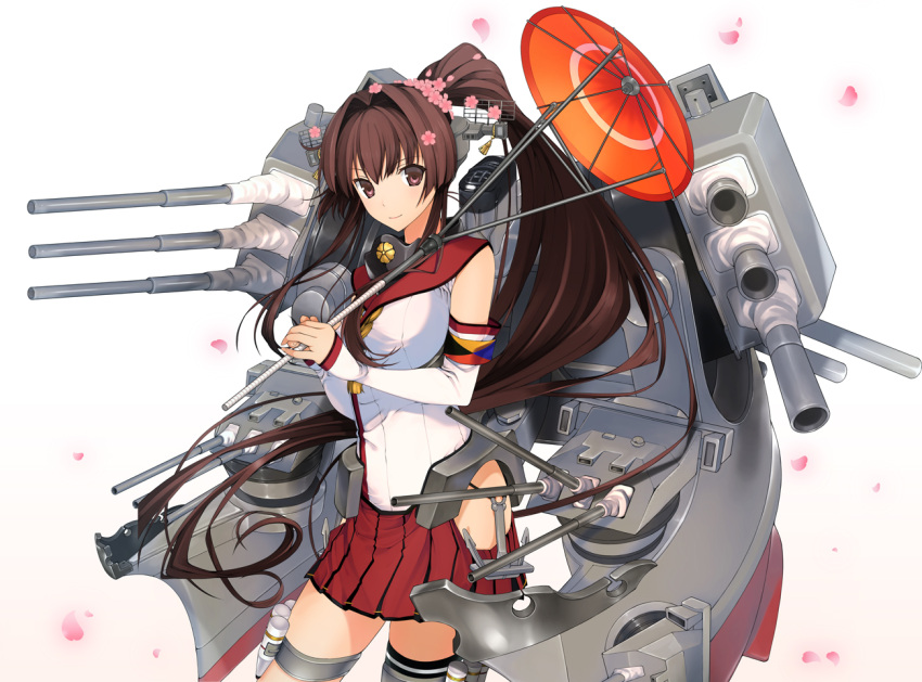 1girl brown_eyes brown_hair detached_sleeves hair_intakes headgear kantai_collection light_smile long_hair looking_at_viewer machinery naruse_hirofumi petals ponytail skirt solo umbrella very_long_hair yamato_(kantai_collection)