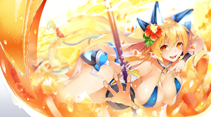 1girl bikini blonde_hair blue_bikini breasts bubble cleavage flower food fruit hair_flower hair_ornament headgear large_breasts long_hair open_mouth orange orange_eyes original pyon-kichi smile solo swimsuit