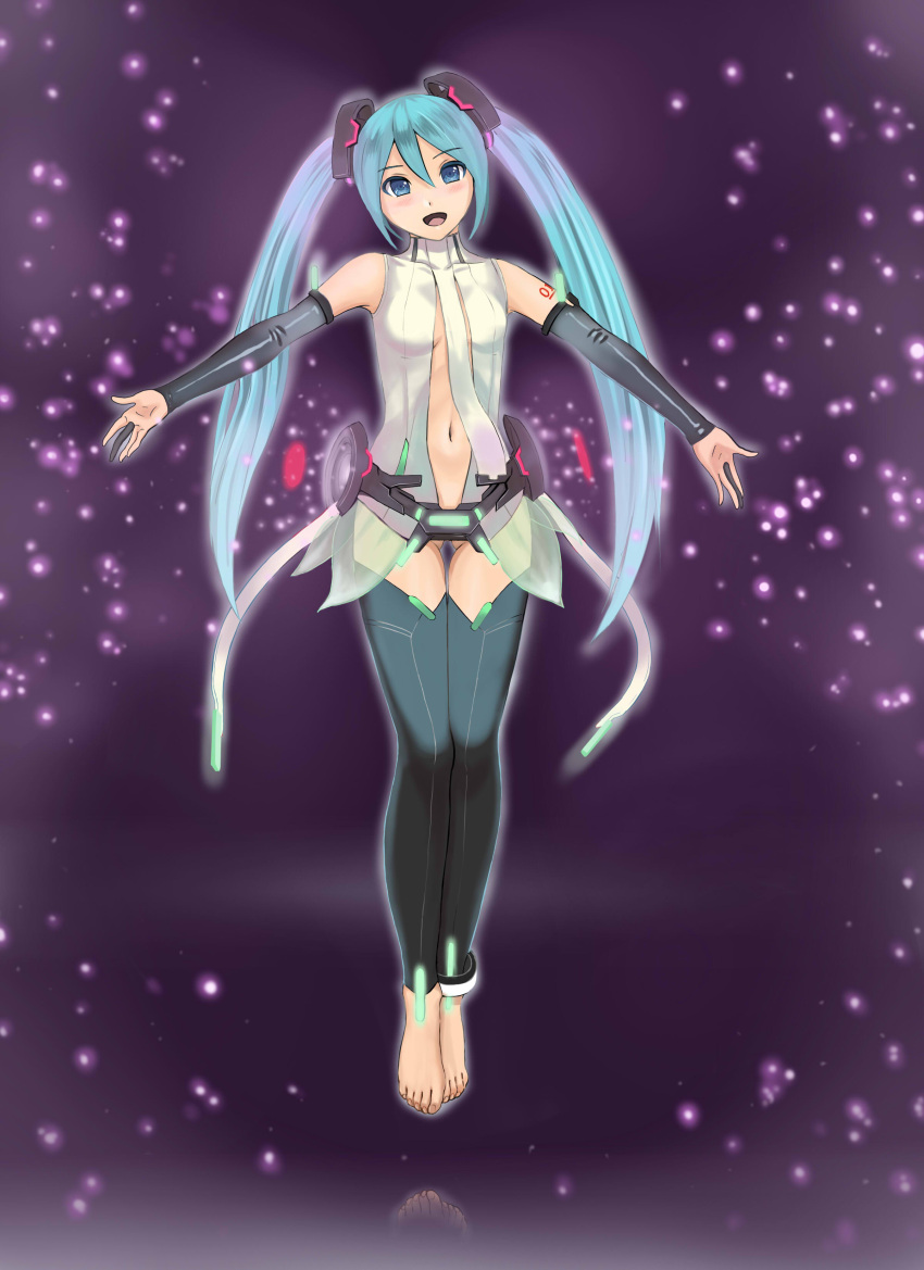 1girl absurdres anklet barefoot black_legwear blue_eyes blue_hair bridal_gauntlets center_opening feet_together floating full_body hatsune_miku head_tilt highres jewelry legs_together leotard light_particles miku_append navel no_bra open_mouth outstretched_arms purple_background reflection see-through small_breasts solo spread_arms tattoo thigh-highs thigh_gap twintails vocaloid vocaloid_append yewang19