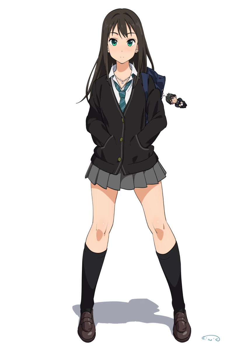 1girl bag bangs black_legwear brown_hair buttons cardigan earrings full_body green_eyes hands_in_pockets highres idolmaster idolmaster_cinderella_girls jewelry keychain kneehighs long_hair long_sleeves looking_at_viewer necklace necktie pleated_skirt school_uniform shadow shibuya_rin shirt shoes shoulder_bag signature simple_background skirt solo standing suna white_background white_shirt