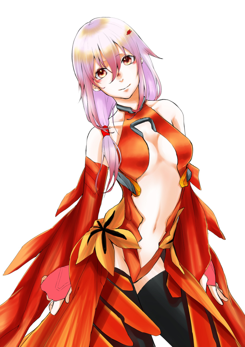 1girl :3 absurdres bare_shoulders black_legwear breasts center_opening cleavage detached_sleeves elbow_gloves fingerless_gloves gloves guilty_crown hair_ornament hairclip highres long_hair looking_at_viewer navel pink_hair red_eyes solo thigh-highs twintails work_in_progress yuzuriha_inori