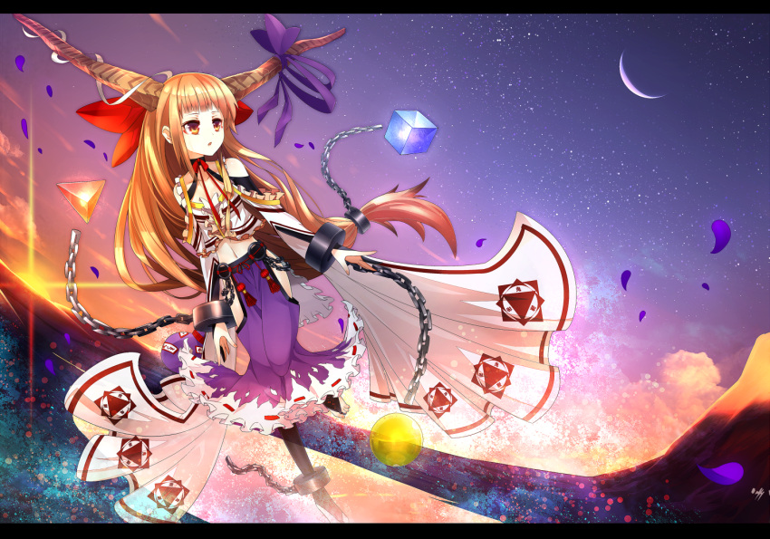 1girl black_legwear chain clouds collarbone crescent_moon cuffs dutch_angle embellished_costume evening frilled_skirt frills horn_ribbon horns ibuki_suika kusakanmuri letterboxed long_hair looking_away looking_to_the_side manacles midriff moon mountain navel neck_ribbon open_mouth orange_eyes orange_hair petals ribbon skirt sky solo star_(sky) sunset tassel touhou valley very_long_hair wide_sleeves