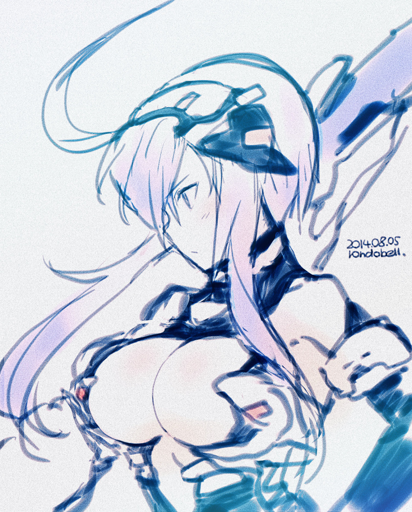 1girl breasts cleavage dated highres large_breasts long_hair mecha_musume million_chain monochrome rondo_bell signature sketch solo