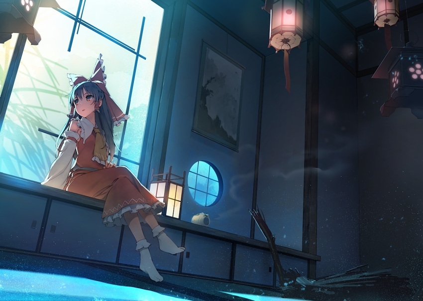 1girl arm_support ascot black_eyes black_hair bow broken broom crossed_legs detached_sleeves dress eho_(icbm) hair_bow hair_tubes hakurei_reimu incense indoors katori_buta lantern looking_back petticoat picture_(object) red_dress sitting smoke solo tabi touhou window