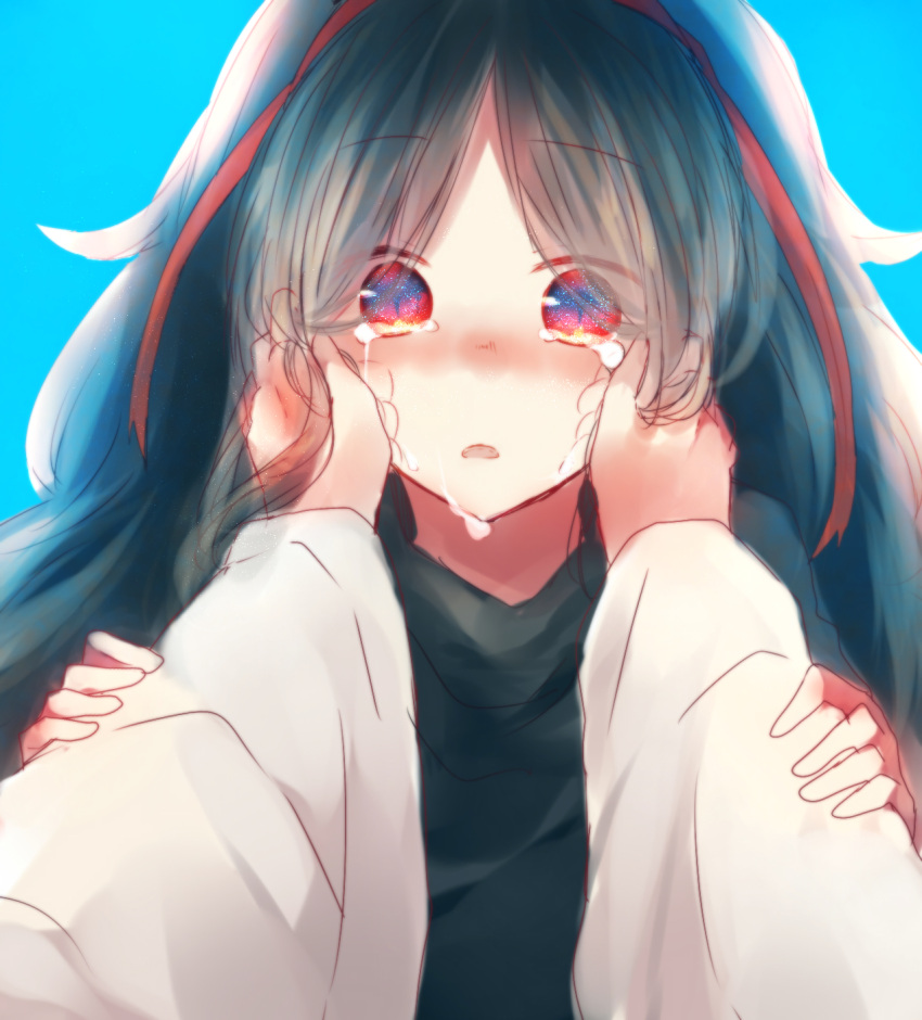 1girl azami_(kagerou_project) black_hair hands_on_another's_cheeks hands_on_another's_face highres kagerou_project kuzukiri_shion long_hair medusa red_eyes ribbon slit_pupils solo_focus tears tsukihiko_(kagerou_project) very_long_hair