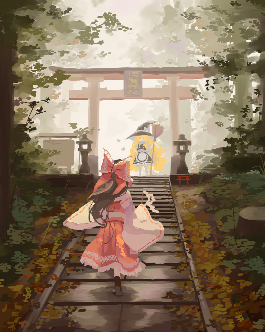 2girls absurdres apron black_footwear black_hair black_headwear black_skirt black_vest blonde_hair bow broom commentary_request gohei hair_bow hakurei_reimu hat highres holding holding_broom housulu kirisame_marisa multiple_girls outdoors red_bow red_skirt red_vest scenery skirt stairs stone_lantern torii touhou tree vest white_apron white_sleeves wide_shot wide_sleeves witch_hat yellow_eyes