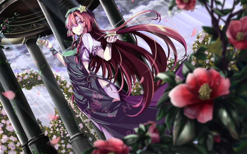 1girl adapted_costume alternate_eye_color architecture braid china_dress chinese_clothes clouds cloudy_sky crop_top cup floral_print flower garden hair_between_eyes hat hong_meiling kurosaki_sakura light_rays long_hair midriff outdoors print_dress red_eyes redhead rose shirt side_slit sky smile solo tea teacup teapot thigh-highs touhou twin_braids white_legwear white_shirt
