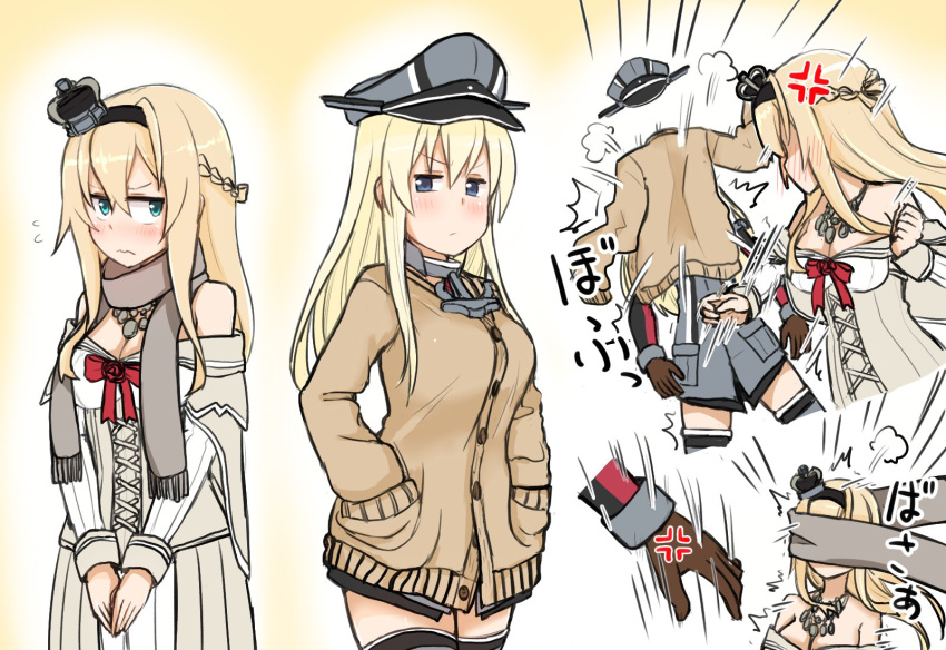 /\/\/\ 2girls anchor_choker anger_vein atsushi_(aaa-bbb) bare_shoulders bismarck_(kantai_collection) blonde_hair blue_eyes blush braid breasts brown_gloves cleavage corset crown detached_sleeves dress flower flying_sweatdrops french_braid full-face_blush gloves grey_legwear hair_between_eyes hairband hands_in_pockets hat highres jewelry kantai_collection kriegsmarine large_breasts long_hair long_sleeves looking_at_another military military_hat military_uniform mini_crown multiple_girls necklace off_shoulder peaked_cap red_ribbon red_rose ribbon rose scarf sweater thigh-highs throwing uniform warspite_(kantai_collection) white_dress