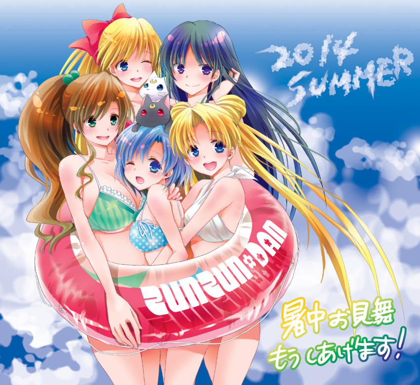 2014 5girls aino_minako animal_on_head artemis_(sailor_moon) bikini bishoujo_senshi_sailor_moon black_hair blonde_hair blue_bikini blue_eyes blue_hair blush breasts brown_hair cat cat_on_head cute double_bun girl_sandwich green_bikini green_eyes hair_bobbles hair_ornament hair_ribbon hino_rei innertube kino_makoto kodansha long_hair luna_(sailor_moon) mizuno_ami multiple_girls one_eye_closed open_mouth ponytail red_bikini ribbon sandwiched shinogiri_zun shiny shiny_hair short_hair summer swim_ring swimsuit toei_animation tsukino_usagi under_boob violet_eyes white_bikini white_swimsuit