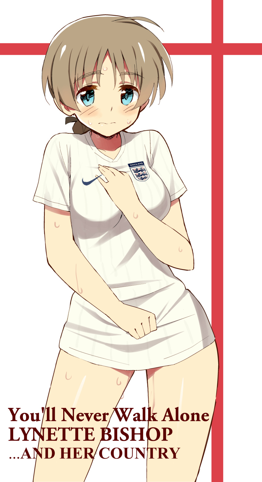 1girl 2014_fifa_world_cup absurdres ahoge blue_eyes blush braid breasts brown_hair embarrassed england glastonbury1966 hair_ribbon highres long_hair looking_at_viewer lynette_bishop nike no_pants ribbon soccer soccer_uniform solo sportswear strike_witches sweatdrop world_cup