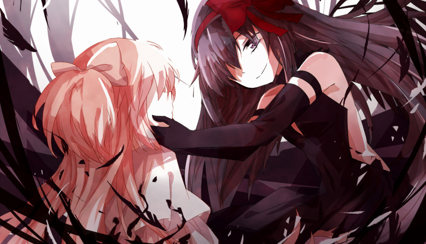 2girls akemi_homura akuma_homura bare_shoulders black_gloves black_hair bow choker dress elbow_gloves gloves goddess_madoka hair_bow hand_on_another's_cheek hand_on_another's_face highres kaname_madoka long_hair looking_at_another mahou_shoujo_madoka_magica mahou_shoujo_madoka_magica_movie multiple_girls nishigyou_teraa pink_hair smile spoilers two_side_up violet_eyes white_dress