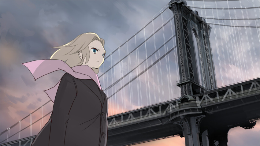 1girl blonde_hair blue_eyes boots bridge coat long_hair original scarf scenery seo_tatsuya sky solo walking