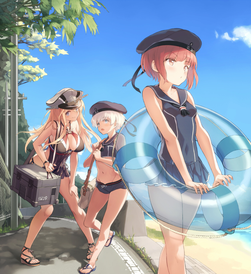 3girls adapted_costume beach beret bikini bismarck_(kantai_collection) blonde_hair blue_eyes blush bow breasts brown_eyes brown_hair casual_one-piece_swimsuit clothes_writing covered_navel cross frilled_swimsuit frills hat highres innertube kantai_collection large_breasts leaning_forward midriff military_hat multiple_girls navel no_socks one-piece_swimsuit peaked_cap sandals school_uniform serafuku short_shorts shorts small_breasts smile supertie swimsuit toes translated z1_leberecht_maass_(kantai_collection) z3_max_schultz_(kantai_collection)