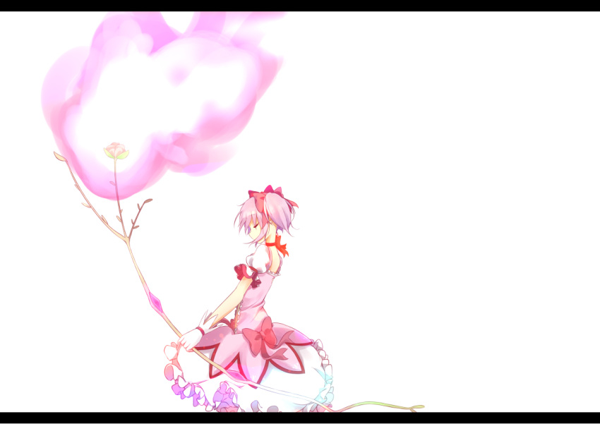 1girl bow bow_(weapon) bubble_skirt choker closed_eyes gloves hair_bow kaname_madoka letterboxed magical_girl mahou_shoujo_madoka_magica no_mouth pachi_(sugiyama0306) pink_hair short_hair short_twintails simple_background solo twintails weapon white_background white_gloves