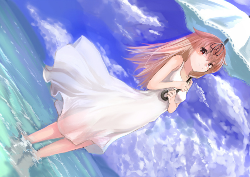 1girl asyde bare_shoulders blonde_hair clouds cloudy_sky dress kantai_collection long_hair looking_at_viewer red_eyes ribbon sky smile solo standing umbrella wading water white_dress yuudachi_(kantai_collection)