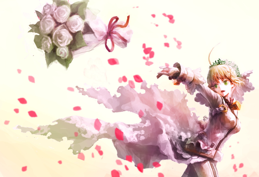 1girl ahoge blonde_hair bodysuit bouquet fate/extra fate/extra_ccc fate_(series) flower green_eyes lock padlock saber_bride saber_extra sheepspear solo veil