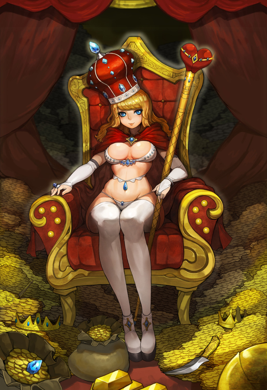 1girl blonde_hair blue_eyes breasts bridal_gauntlets cape coin crown dagger full_body gem gold gold_bar gurimjang highres jewelry long_hair looking_at_viewer mound_of_venus original outline platform_footwear ring scepter shoes sitting smile solo thigh-highs throne underwear underwear_only weapon white_legwear