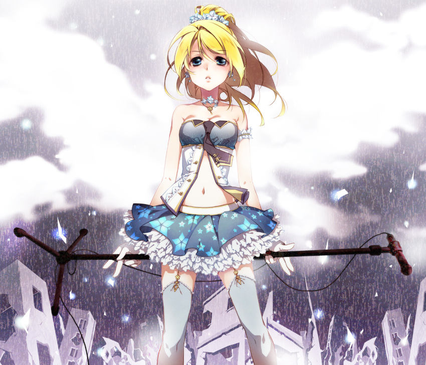 1girl ayase_eli blonde_hair breasts cleavage garter_straps love_live!_school_idol_project microphone microphone_stand midriff navel ponytail shima_(6land) skirt solo tagme thigh-highs wire